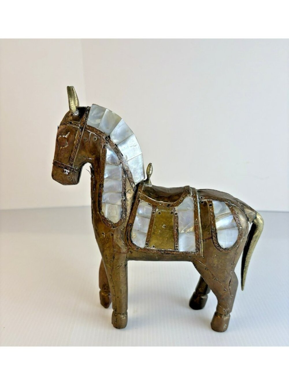 Vtg Indian Brass Clad Wood War Horse Mother of Pearl Inlay Statue 8" Boho Decor